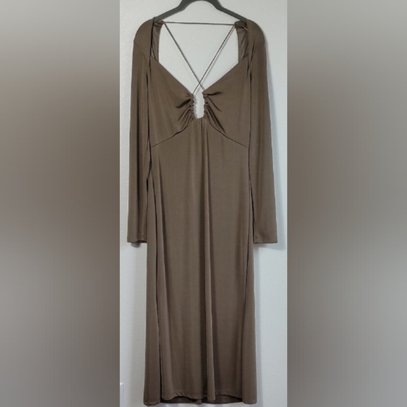Jason Wu Engracia Plunge Long Sleeve Midi Dress Size L Tan Formal Low Back Bodyc - Picture 2 of 16